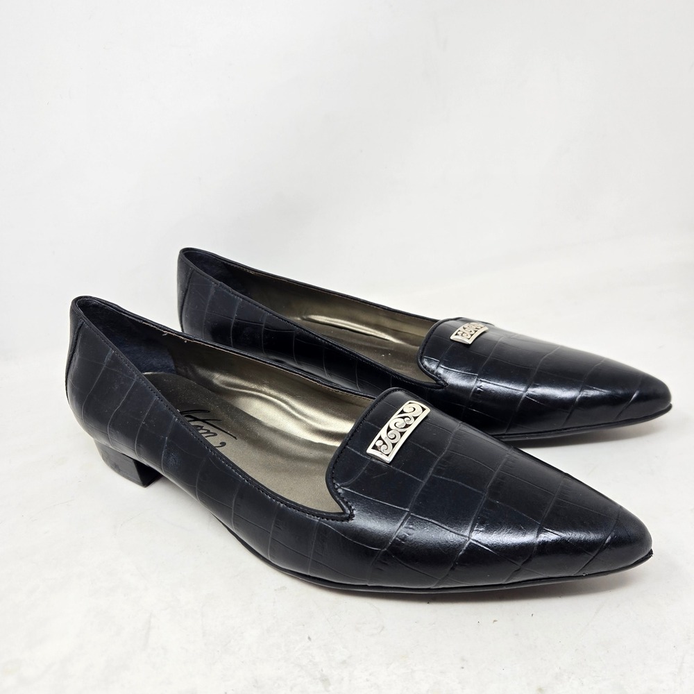 Brighton Eve Black Croc Embossed Leather Pointed Toe‎ Loafers Flats 9.5N